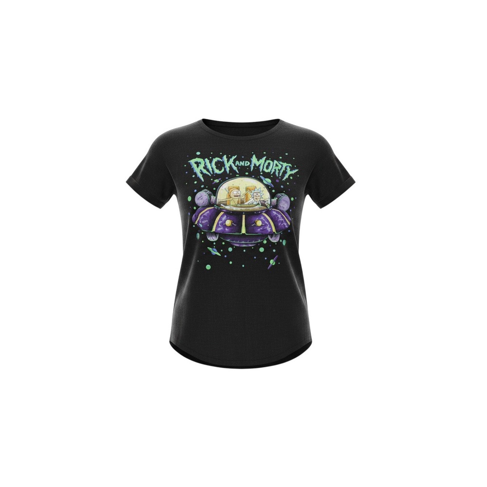 Rick and Morty Graphic T-Shirt Juniors Large L Black Spacecraft High Low Hem
